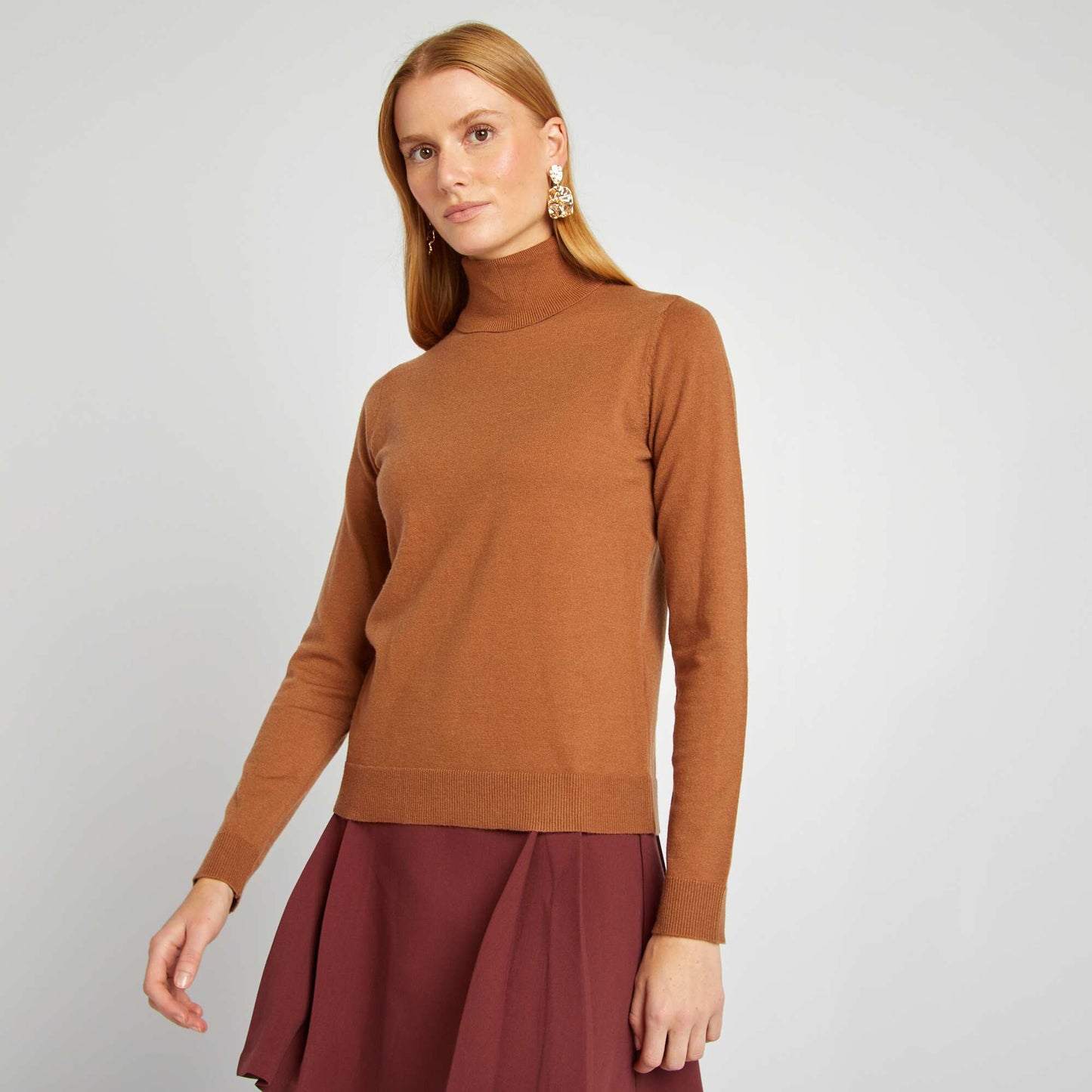 Fine-knit polo neck sweater BROWN