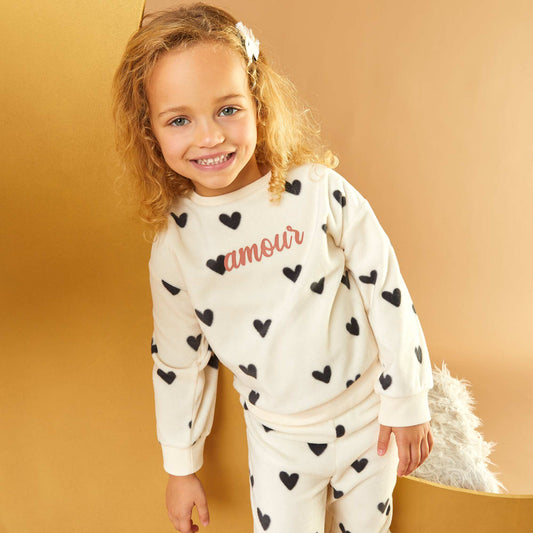 Fleece pyjama set with printed T-shirt + bottoms - 2-piece set WHITE