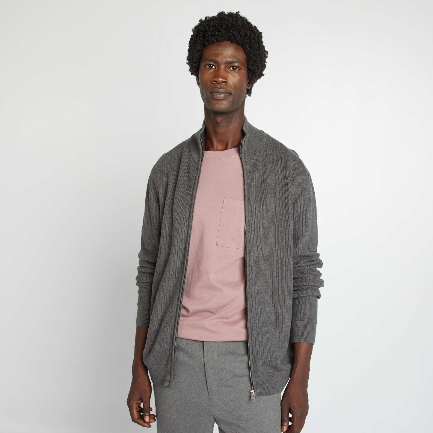 High neck zip-up cardigan GREY