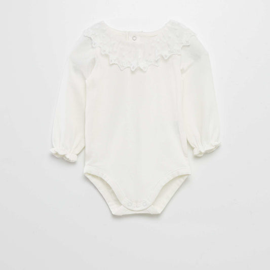 Bodysuit with small ruffled lace collar WHITE