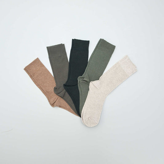 Pack of 5 pairs of ribbed socks KHAKI