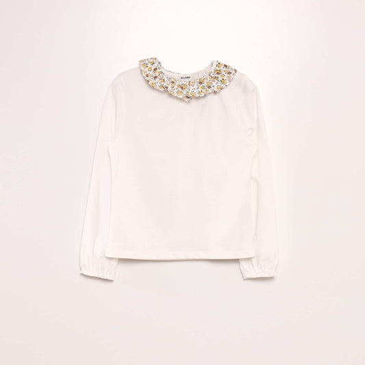 Jersey T-shirt with small ruffled collar BEIGE