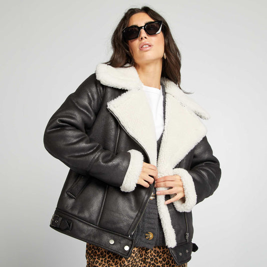 Fur-lined aviator jacket black