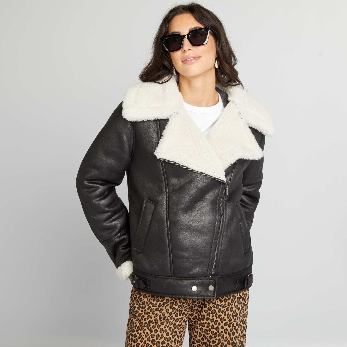 Fur-lined aviator jacket black