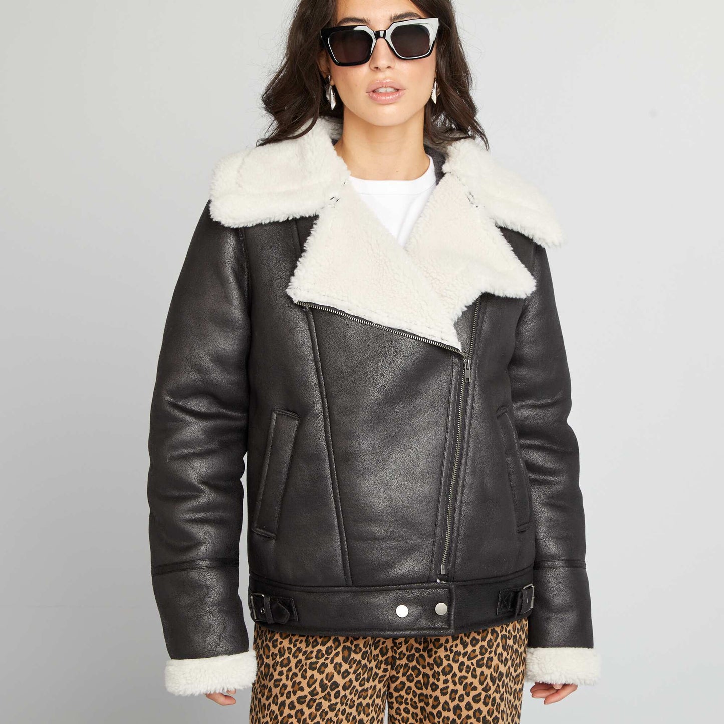 Fur-lined aviator jacket black