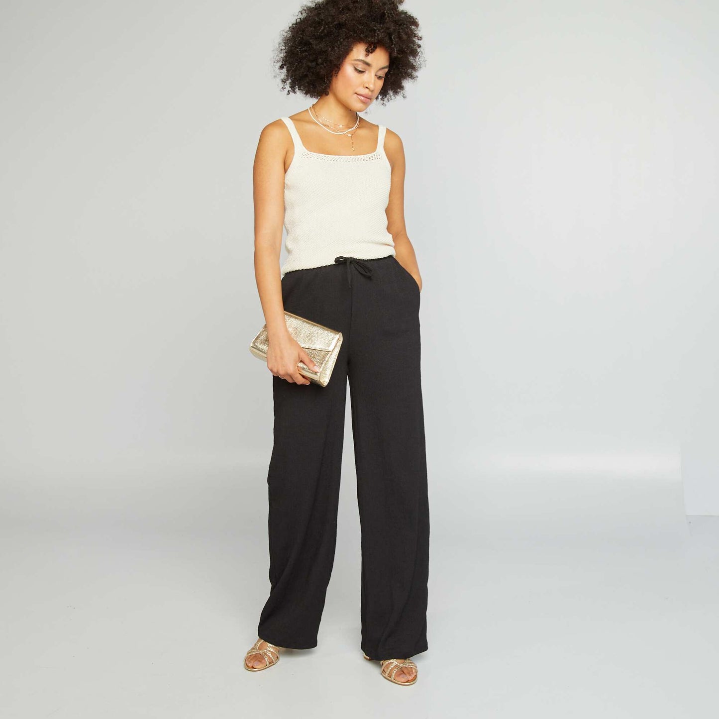 Waffle-knit wide-leg trousers black