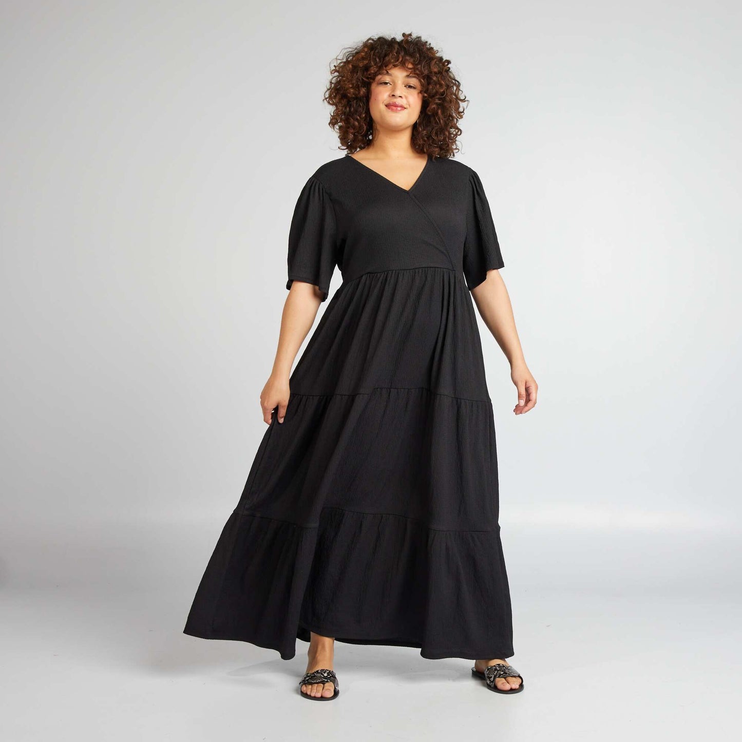 Long waffle-knit wrap dress BLACK