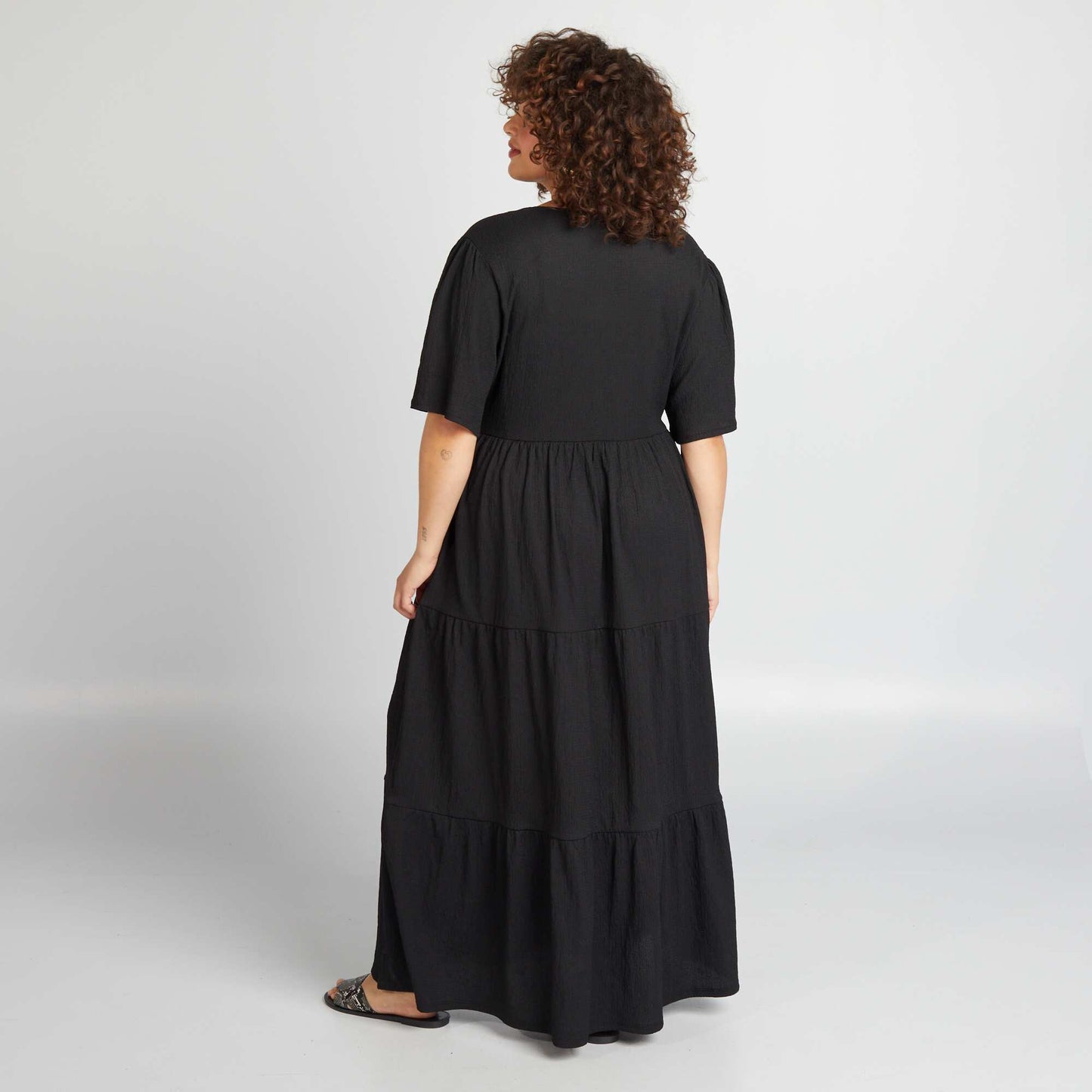 Long waffle-knit wrap dress BLACK