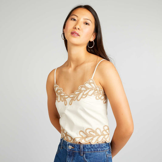 Spaghetti strap top with embroidery BEIGE