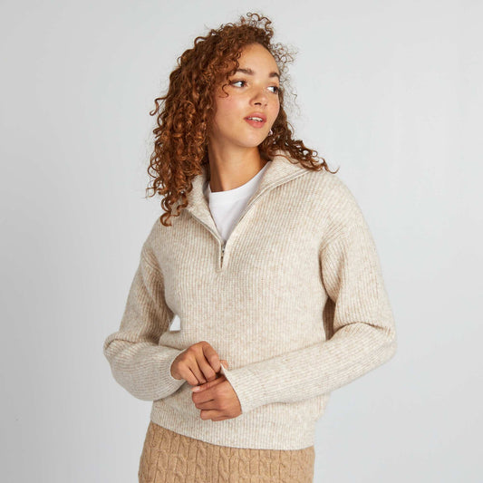 Zip-up high neck sweater BEIGE