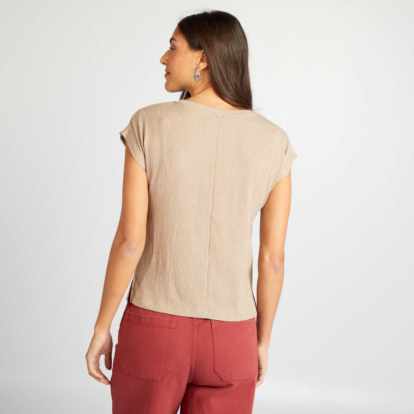 Round-neck waffle-knit fabric T-shirt BEIGE