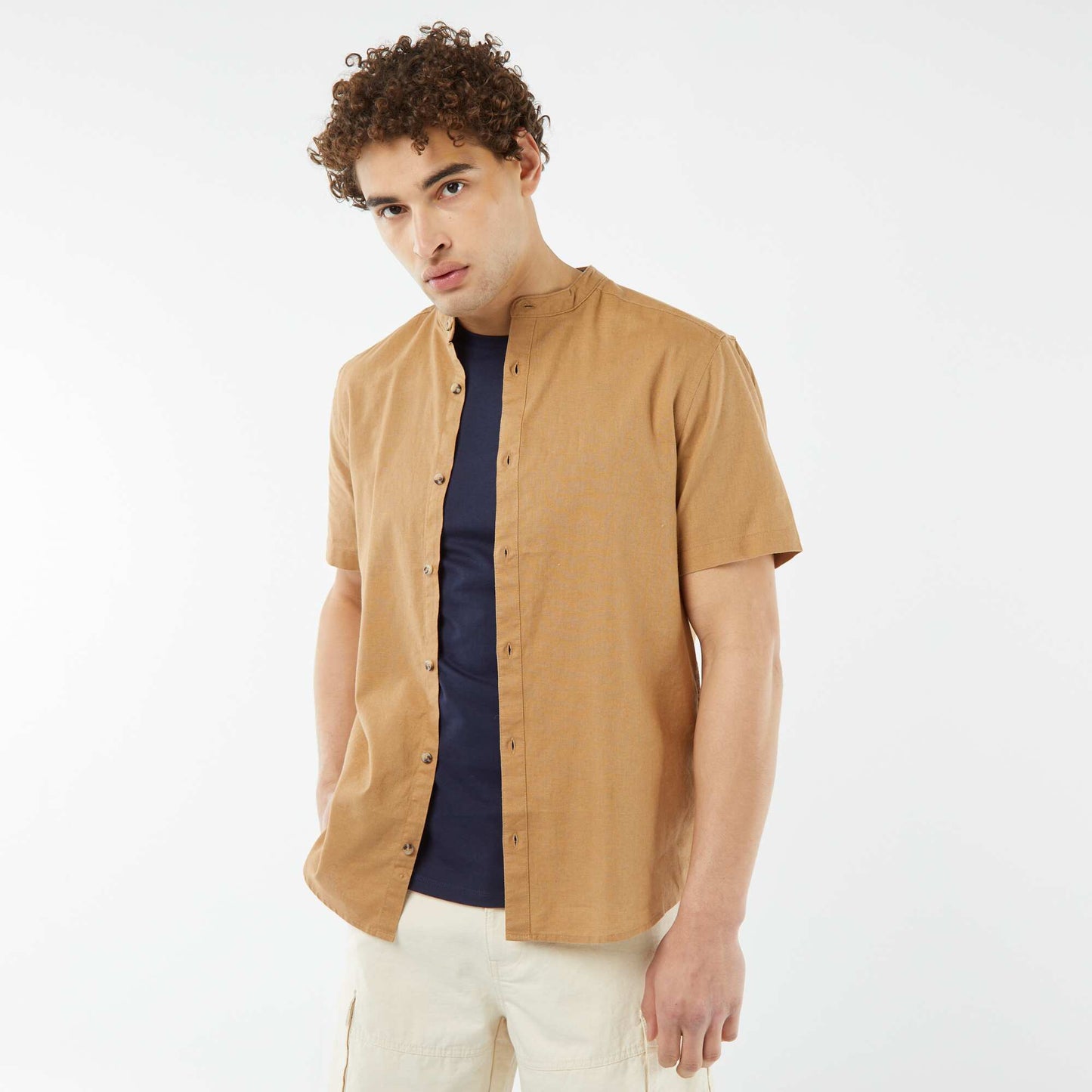 Plain shirt with mandarin collar and short sleeves BEIGE