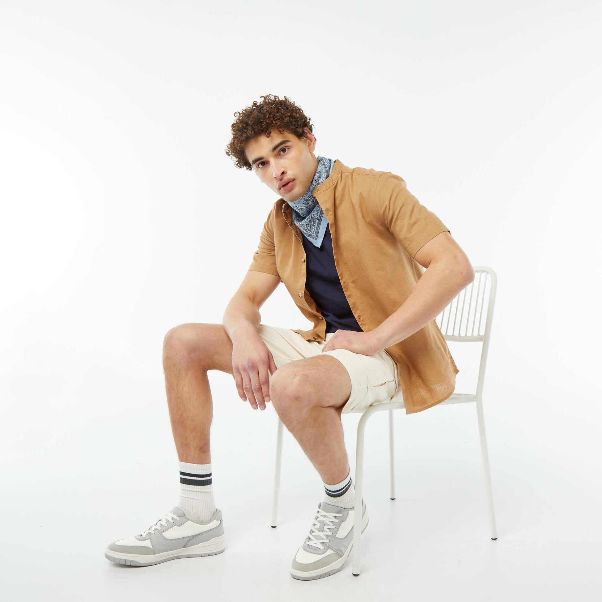 Plain shirt with mandarin collar and short sleeves BEIGE