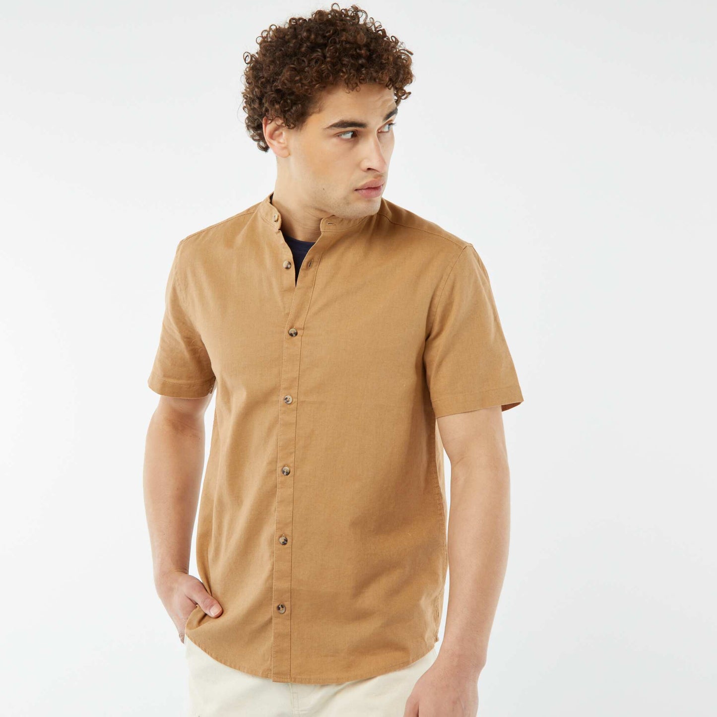 Plain shirt with mandarin collar and short sleeves BEIGE