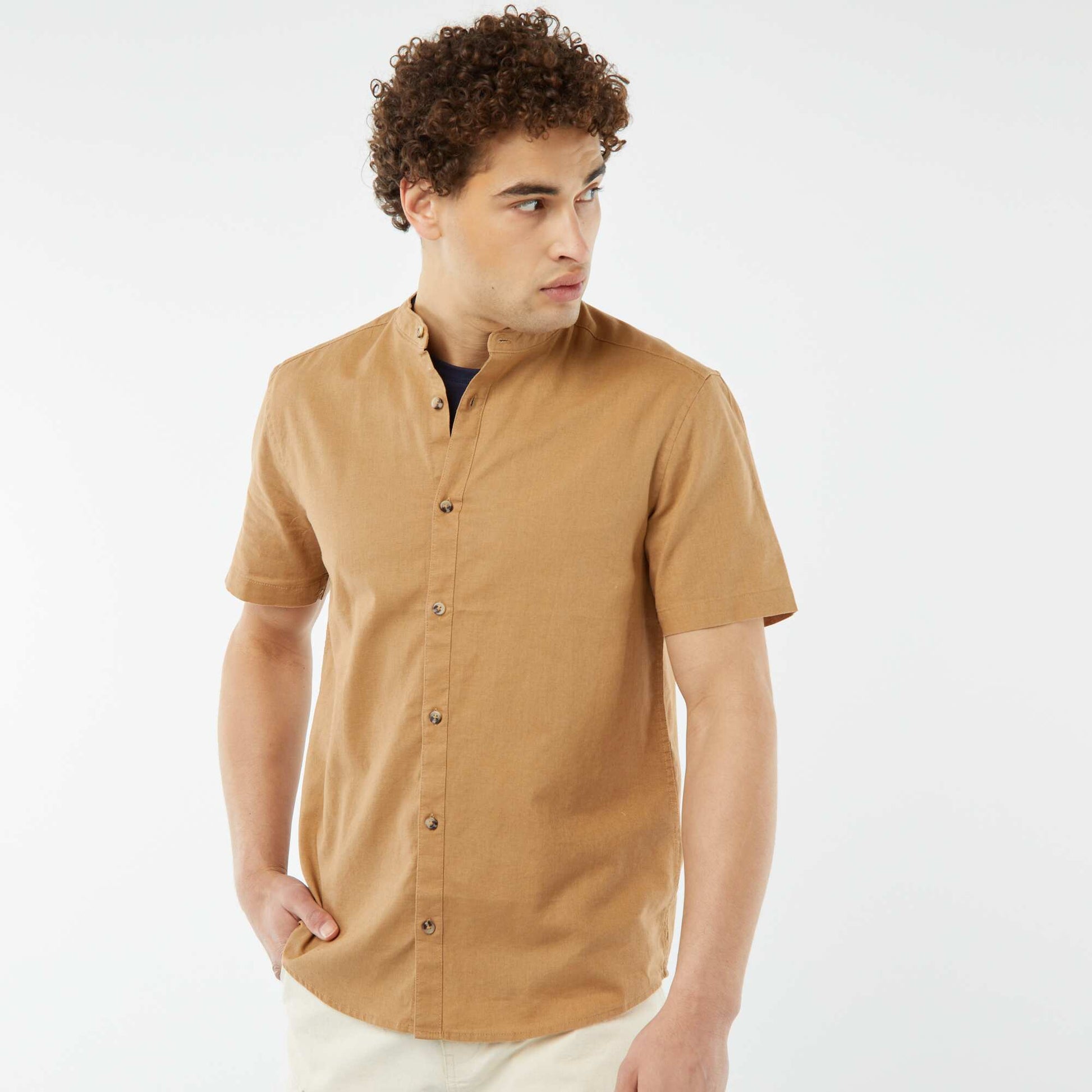 Plain shirt with mandarin collar and short sleeves BEIGE
