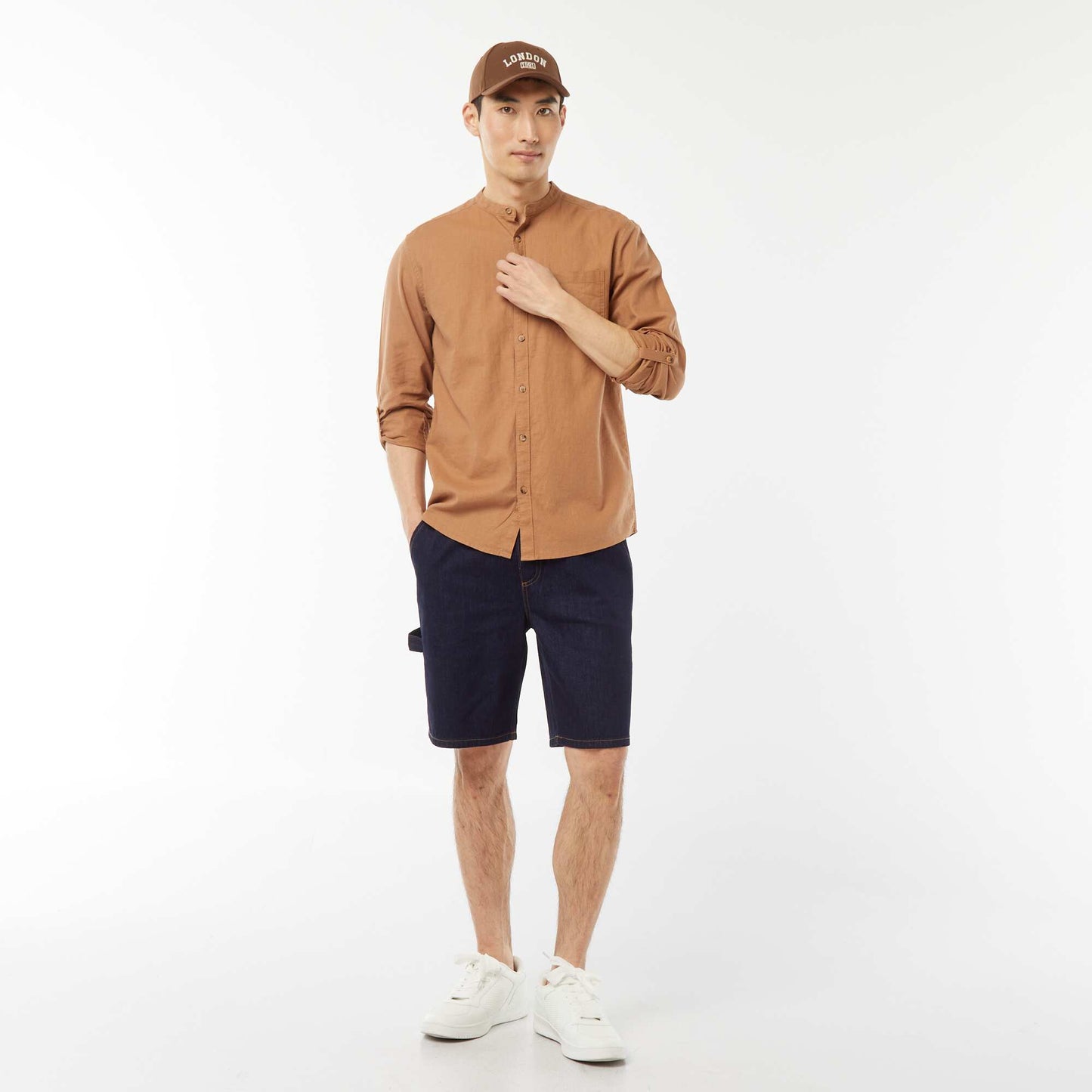 Mandarin collar shirt with linen BROWN