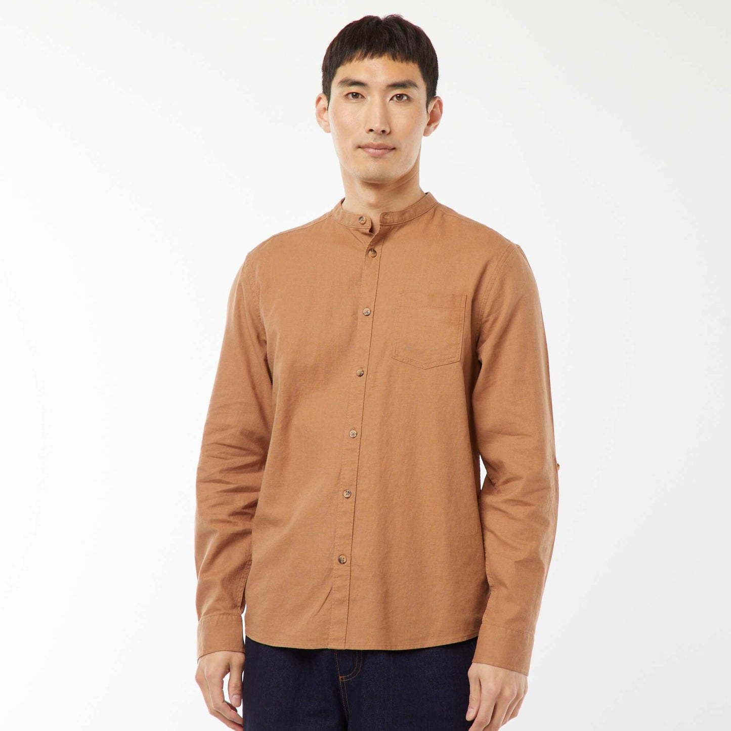 Mandarin collar shirt with linen BROWN
