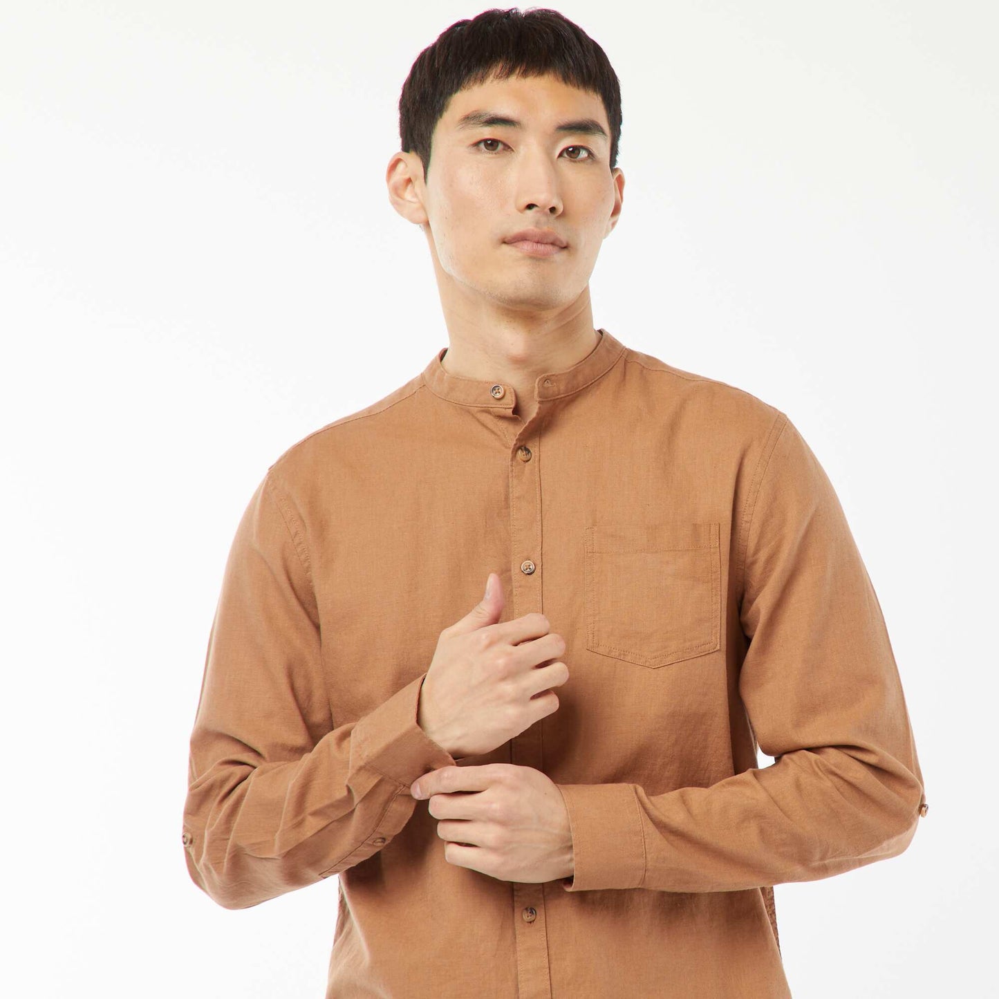 Mandarin collar shirt with linen BROWN