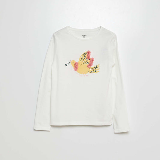 تي شيرت جيرسي مطبوع بأكمام طويلة وتصاميم أنيقة ومزخرفة باللون البيج