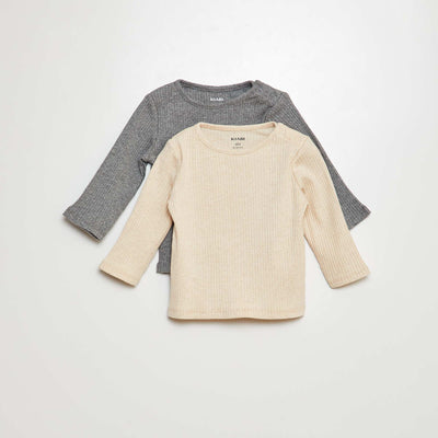 عبوة من 2 تيشيرت سادة بأكمام طويلة ومضلعة باللون الرمادي