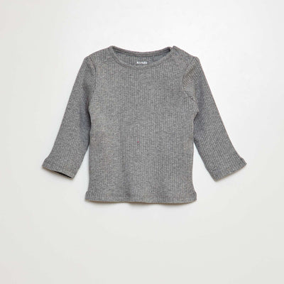 عبوة من 2 تيشيرت سادة بأكمام طويلة ومضلعة باللون الرمادي