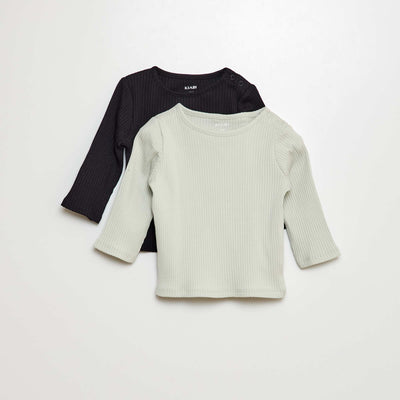 عبوة من 2 تيشيرت سادة بأكمام طويلة ومضلعة باللون الأزرق