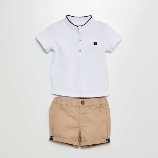 Polo-style T-shirt + twill shorts 2-piece set - 2-piece set WHITE