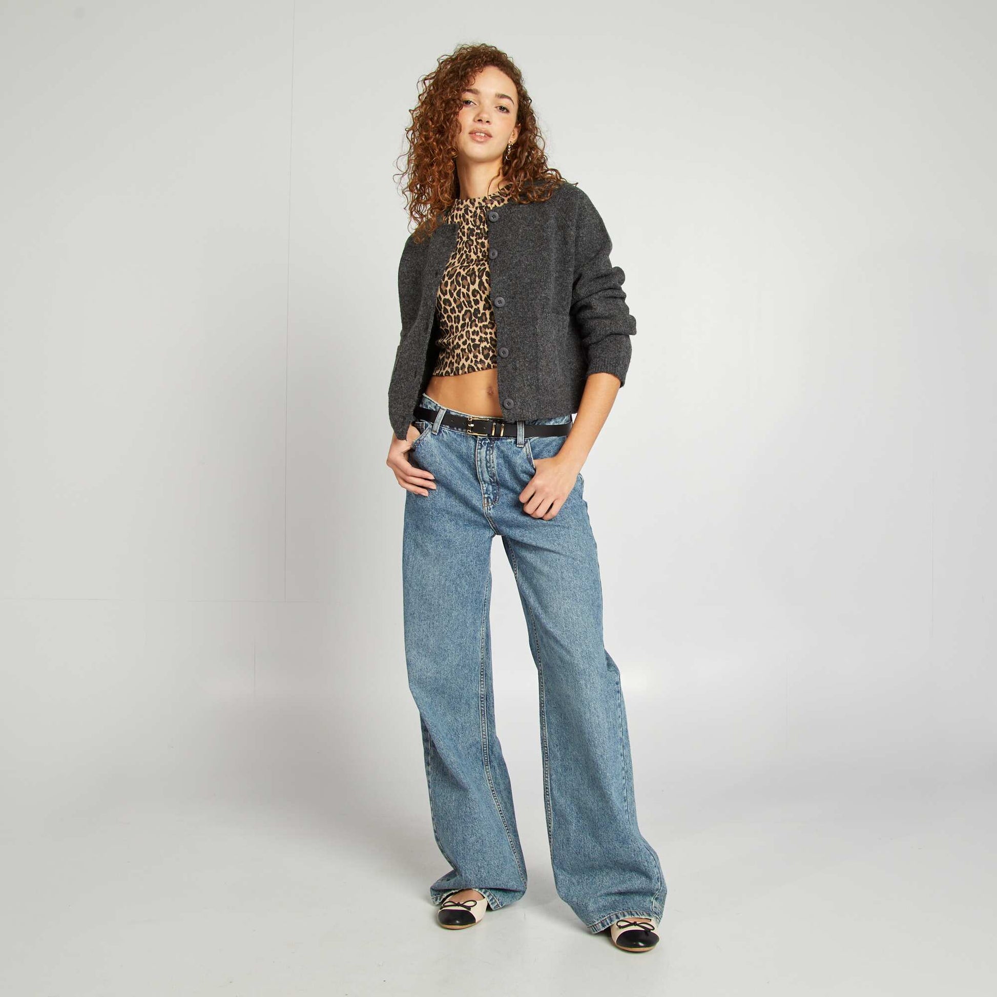 Leopard print stretch cotton T-shirt BEIGE