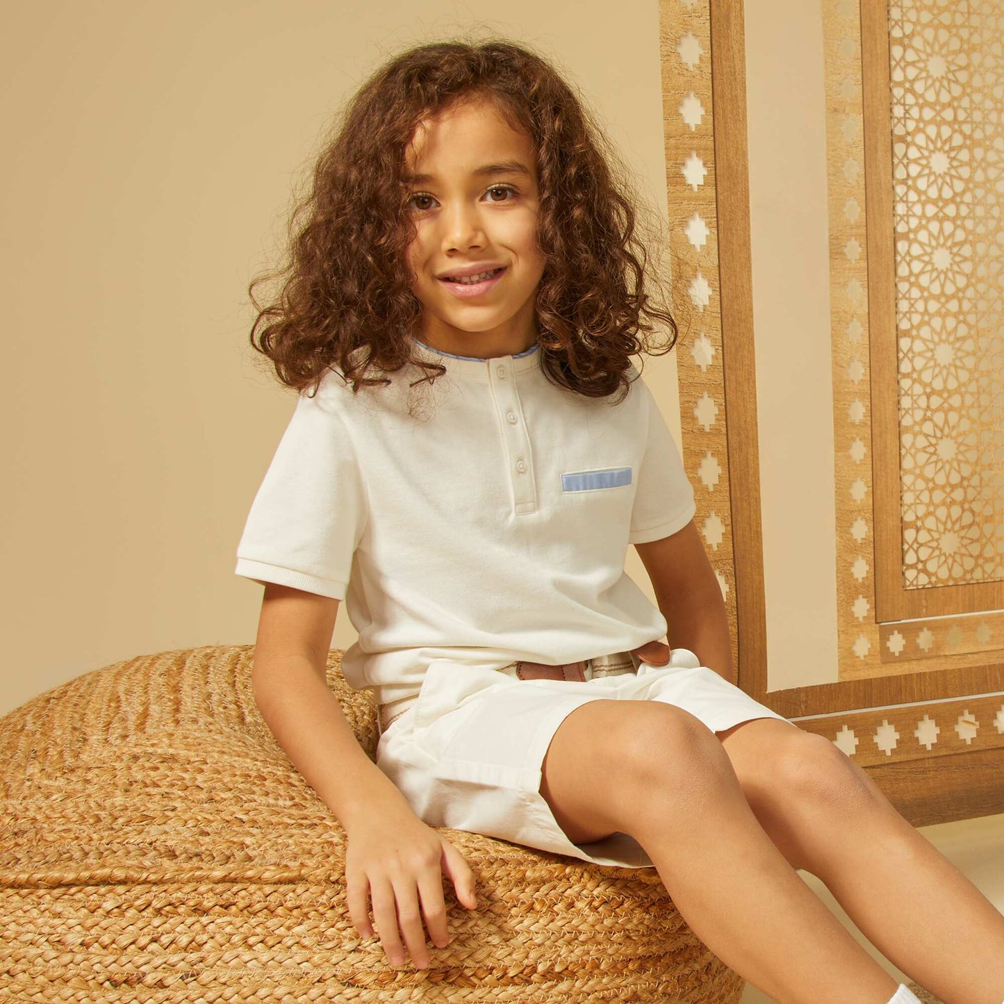 Cotton piqué polo shirt with mandarin collar WHITE