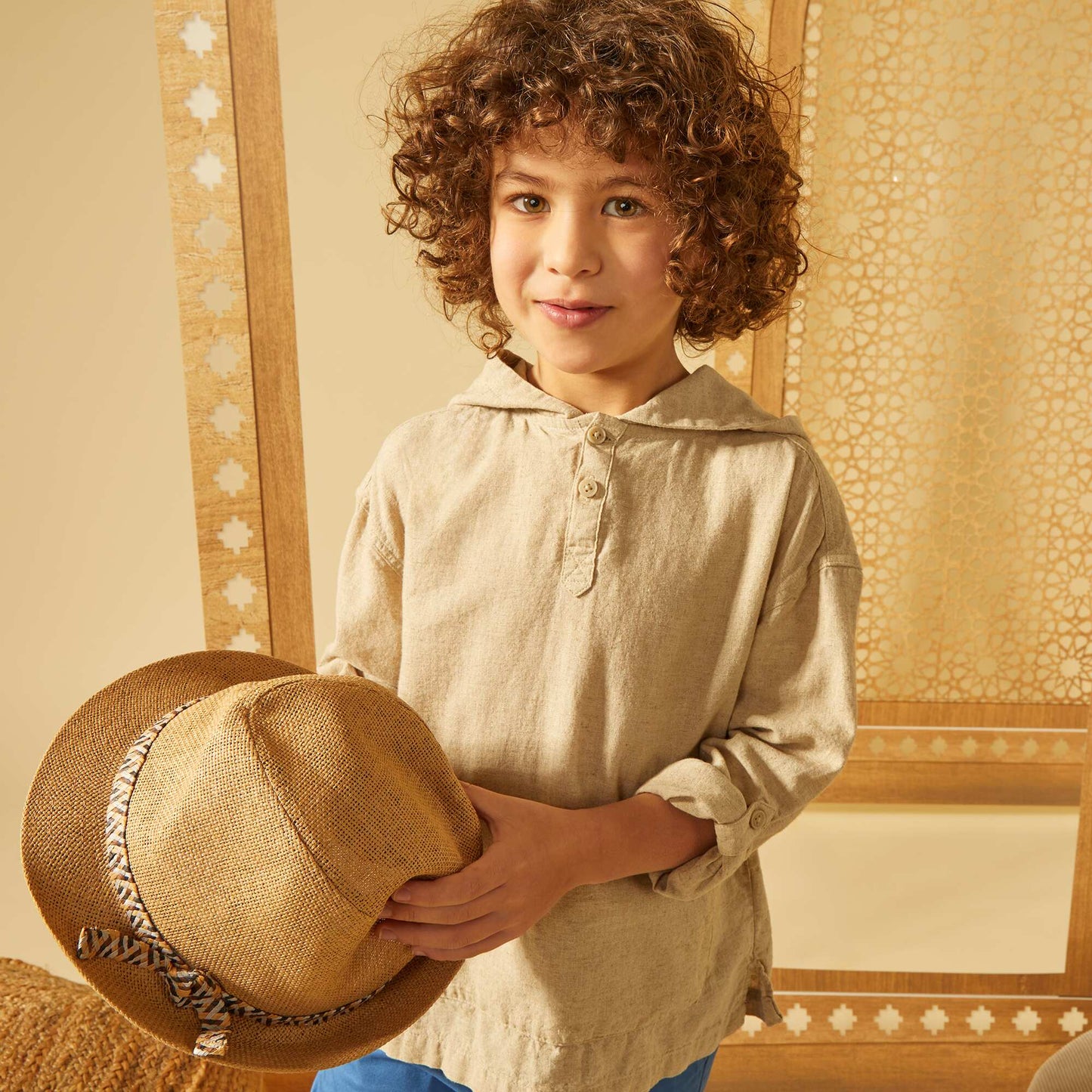 Hooded linen-blend shirt BEIGE