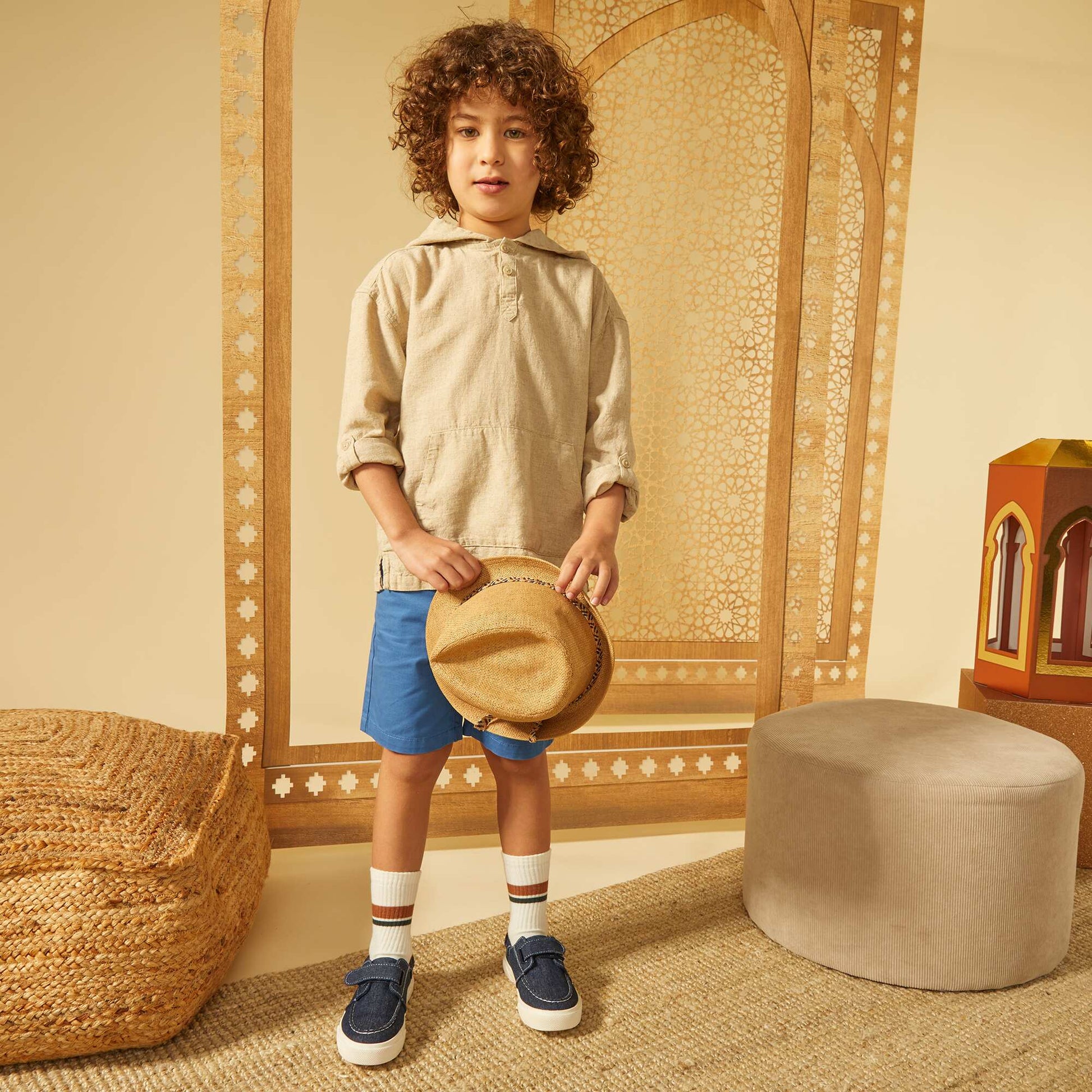 Hooded linen-blend shirt BEIGE