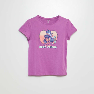 تي شيرت أساسي مطبوع باللون الأرجواني