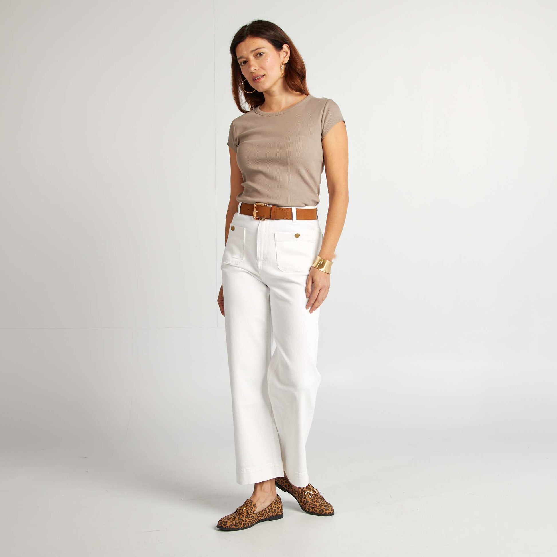 Short-sleeved ribbed knit T-shirt BEIGE