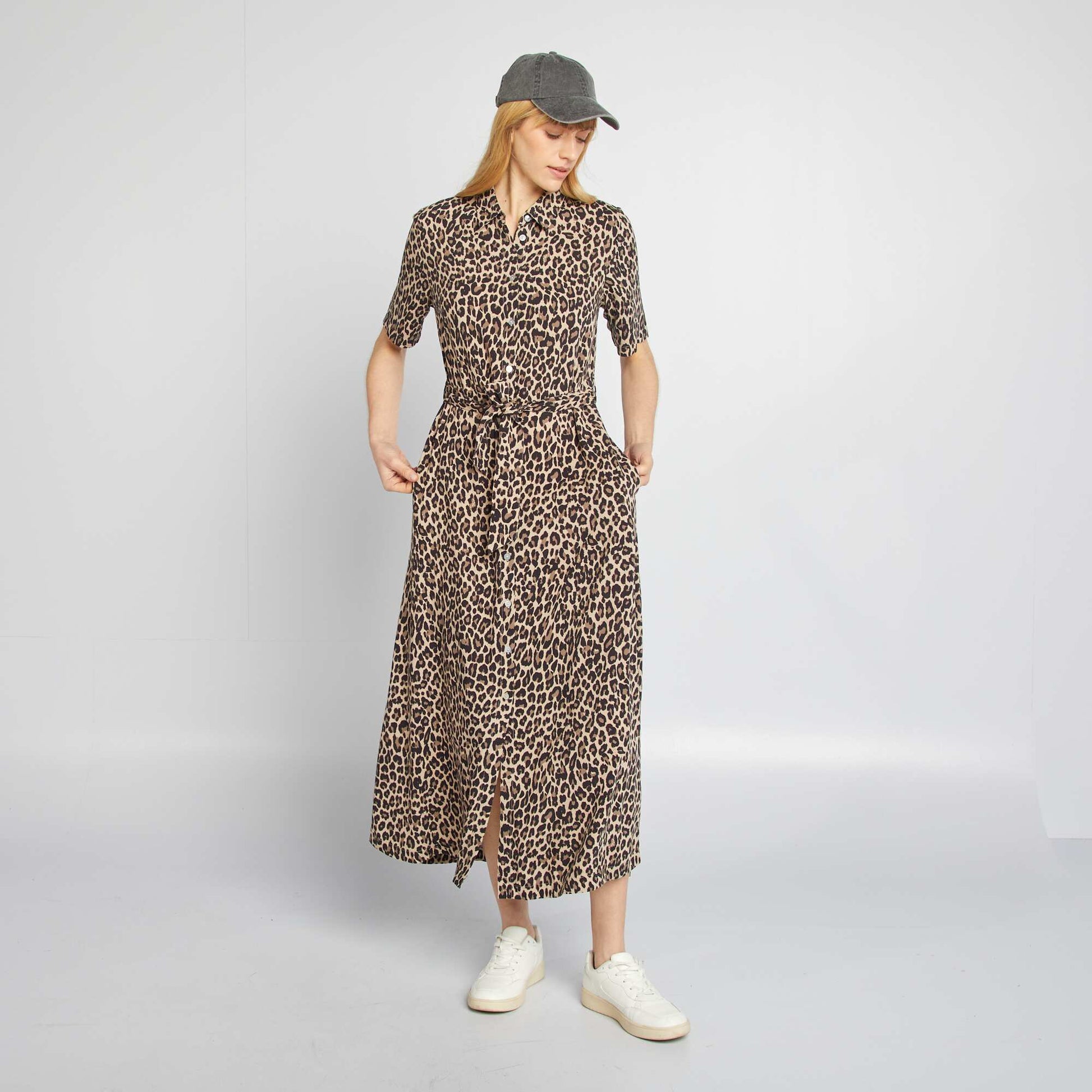 Long patterned shirt dress BEIGE