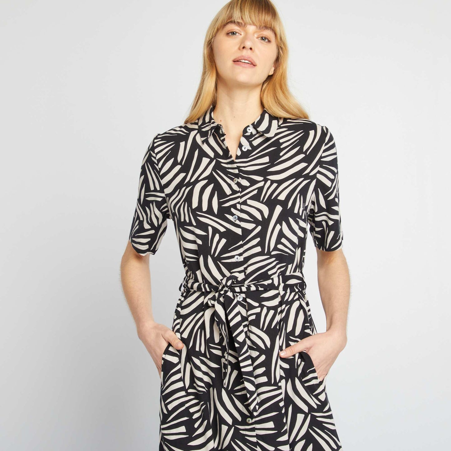 Long patterned shirt dress BLACK
