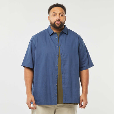 Short-sleeved linen-blend shirt BLUE