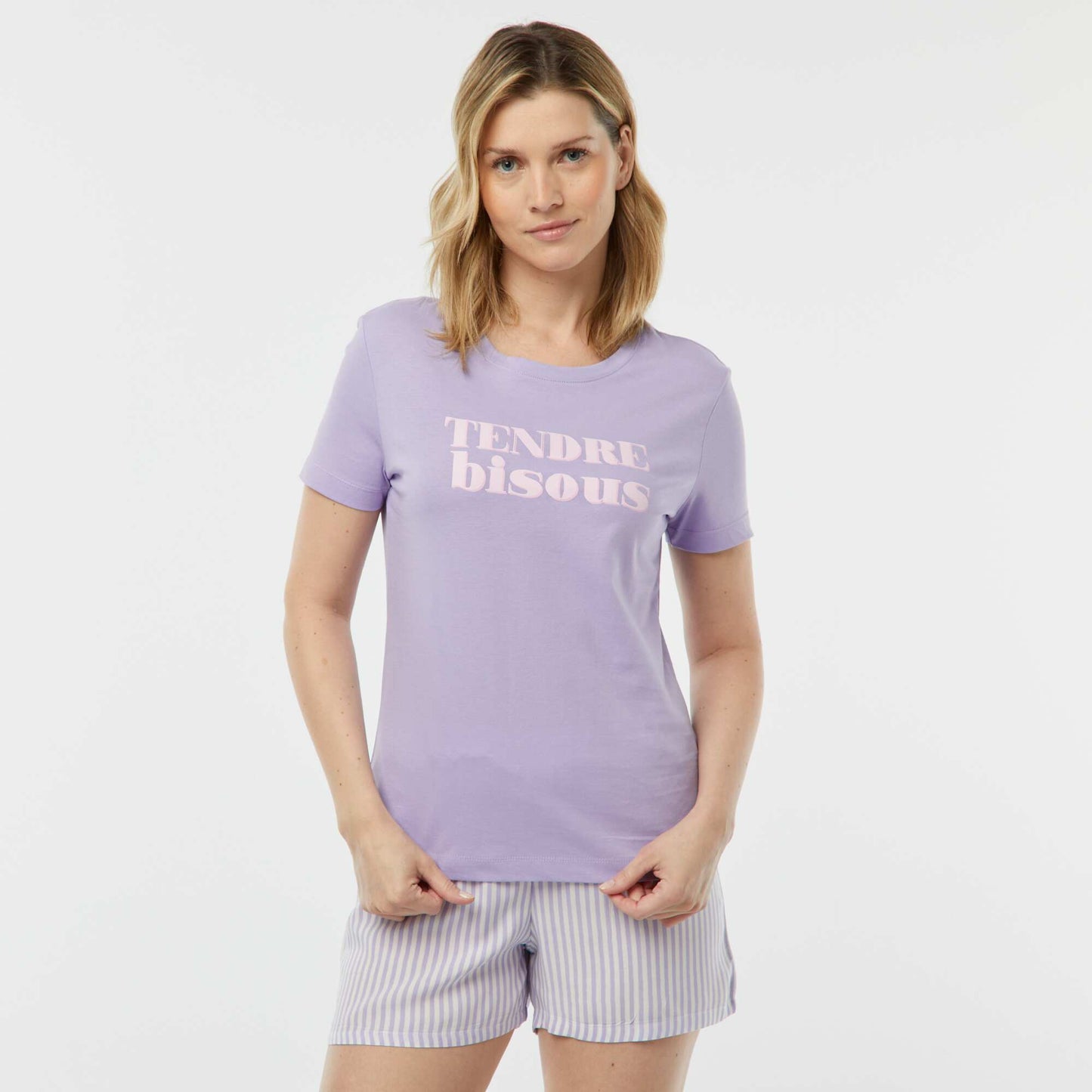 Pyjama set with slogan T-shirt and striped shorts - 2-piece set PURPLE