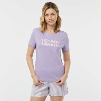 Pyjama set with slogan T-shirt and striped shorts - 2-piece set PURPLE