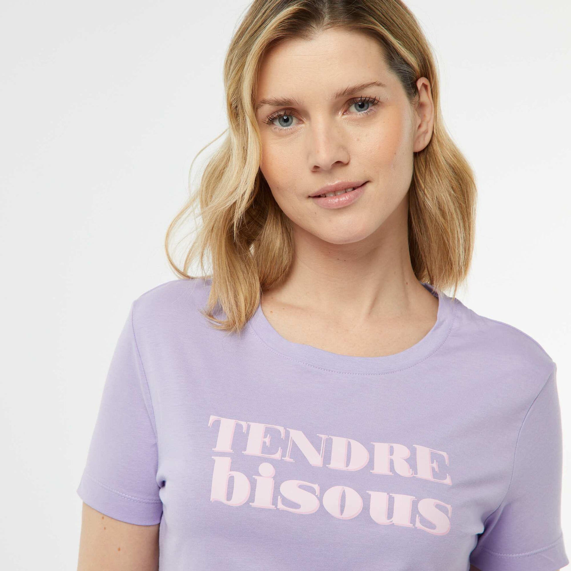 Pyjama set with slogan T-shirt and striped shorts - 2-piece set PURPLE