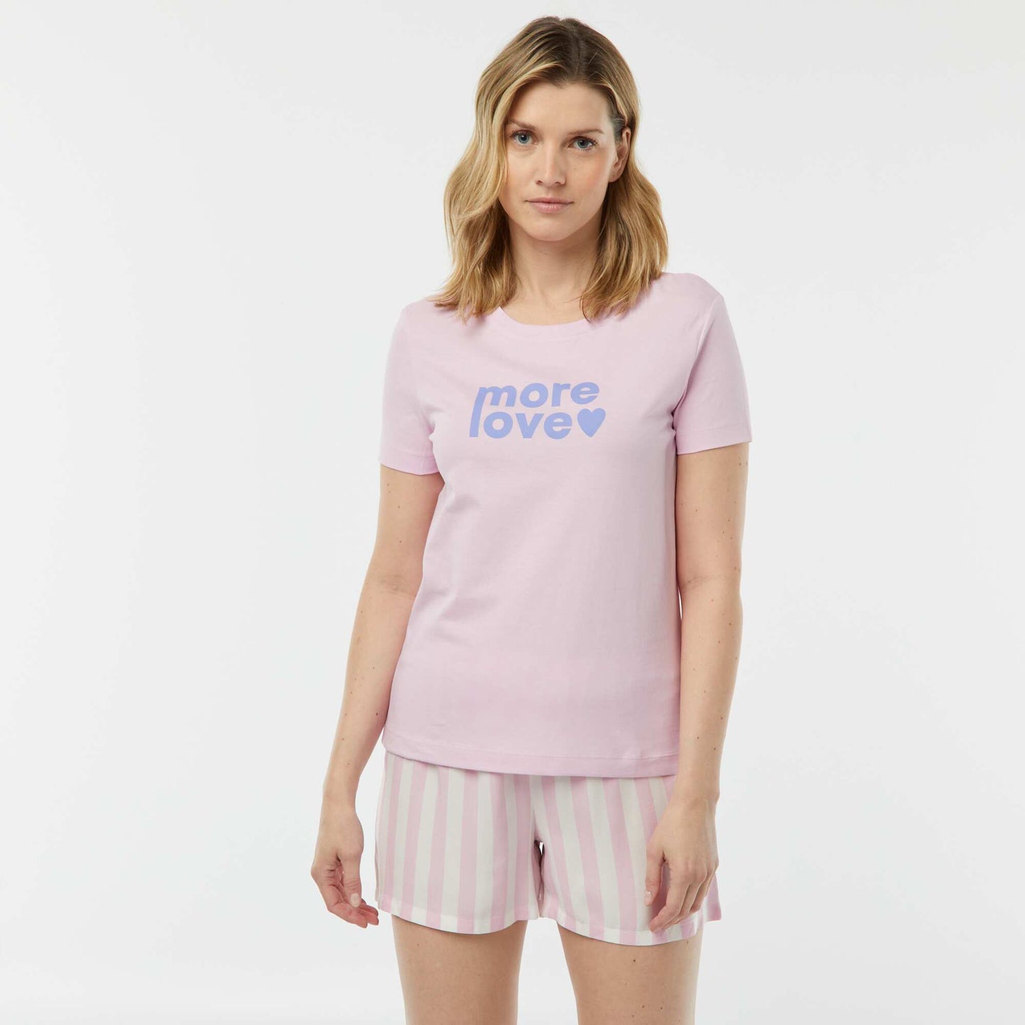 Pyjama set with slogan T-shirt and striped shorts - 2-piece set PINK