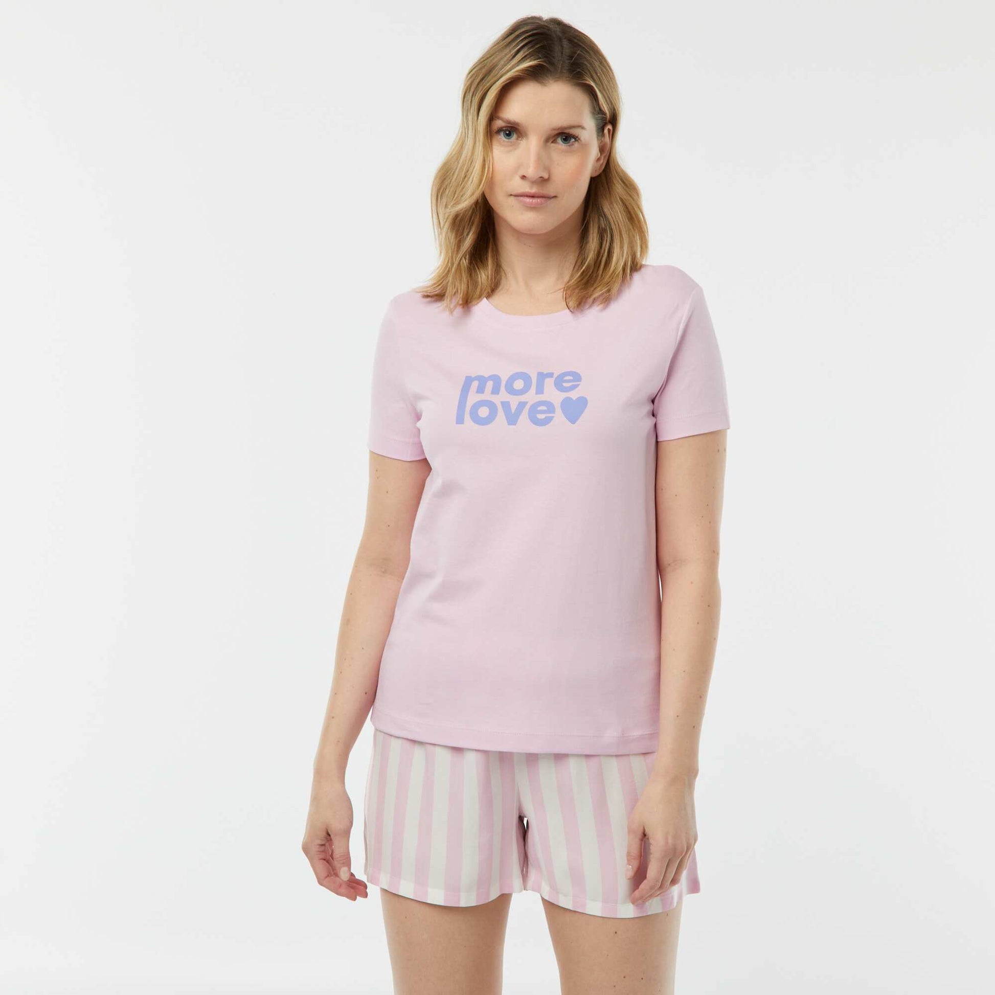 Pyjama set with slogan T-shirt and striped shorts - 2-piece set PINK