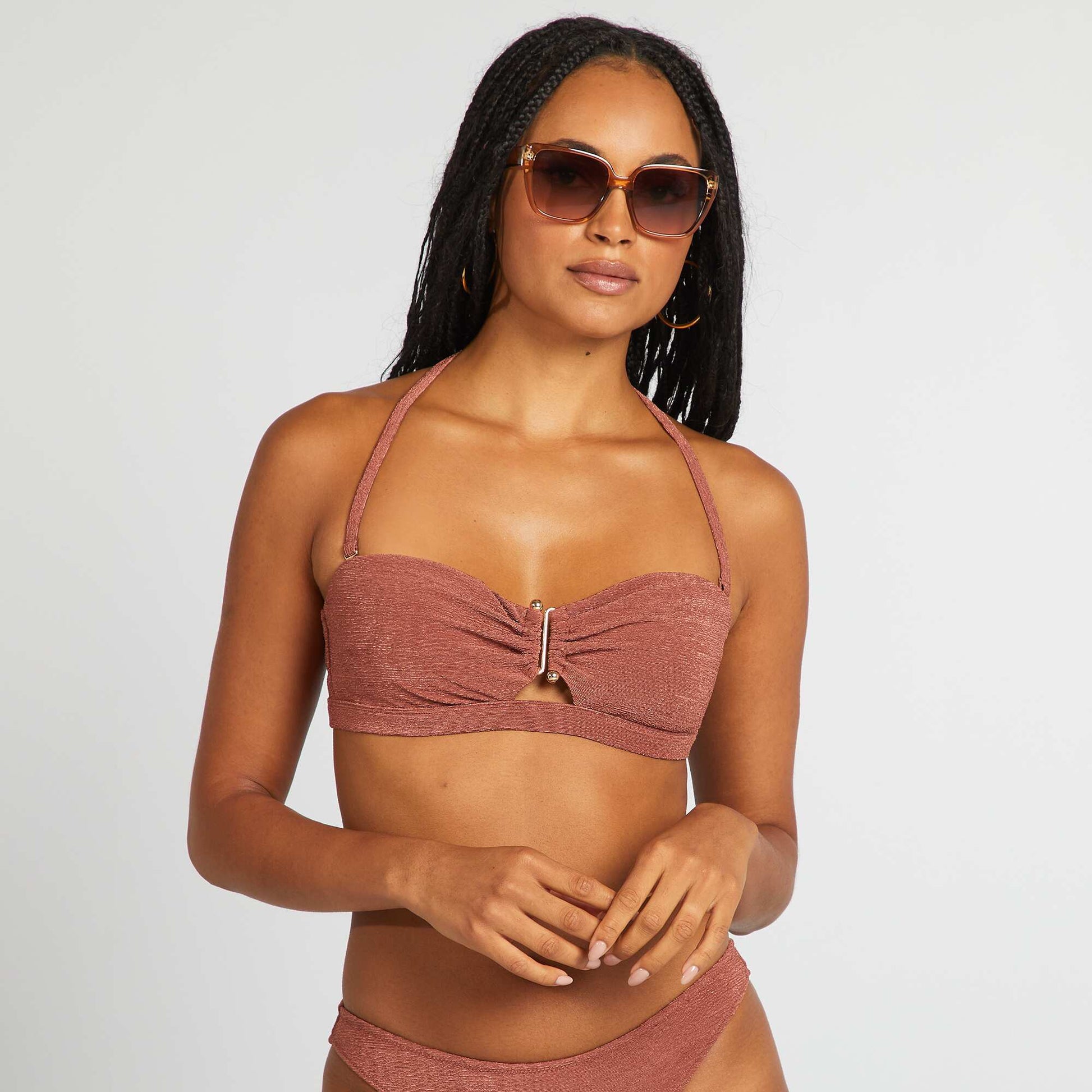 Bandeau bikini top with jewel between the cups BROWN