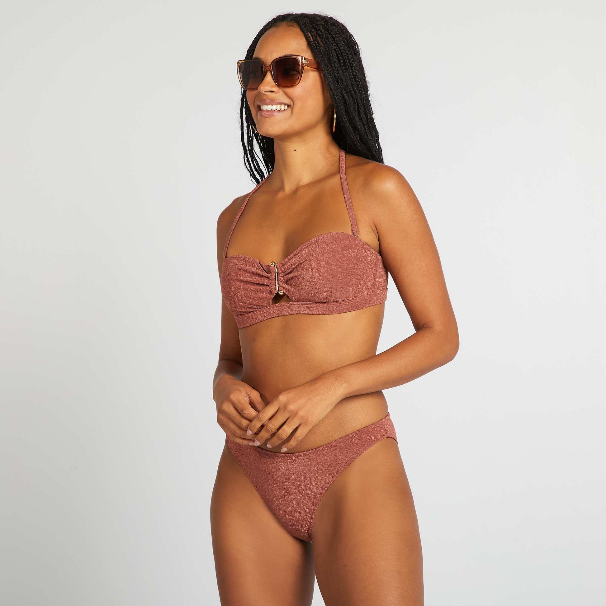 Bandeau bikini top with jewel between the cups BROWN