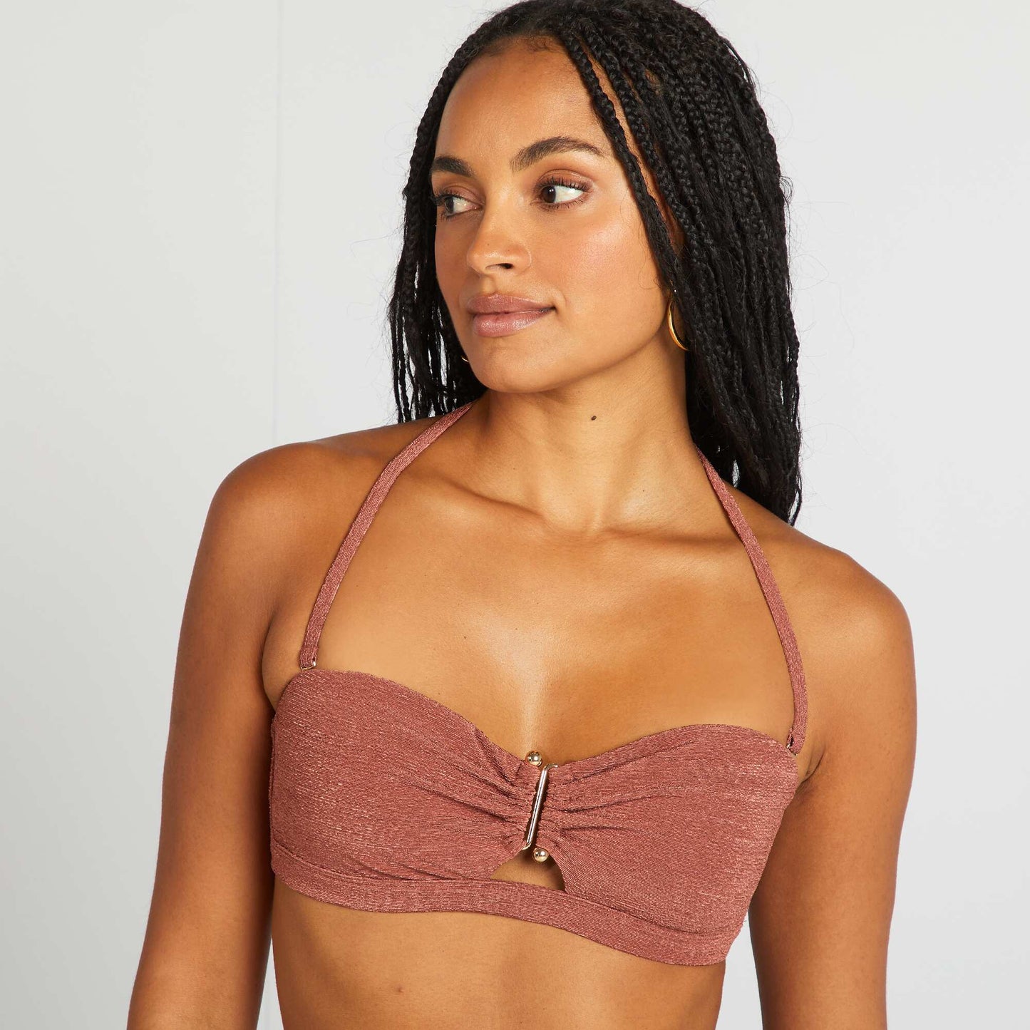 Bandeau bikini top with jewel between the cups BROWN