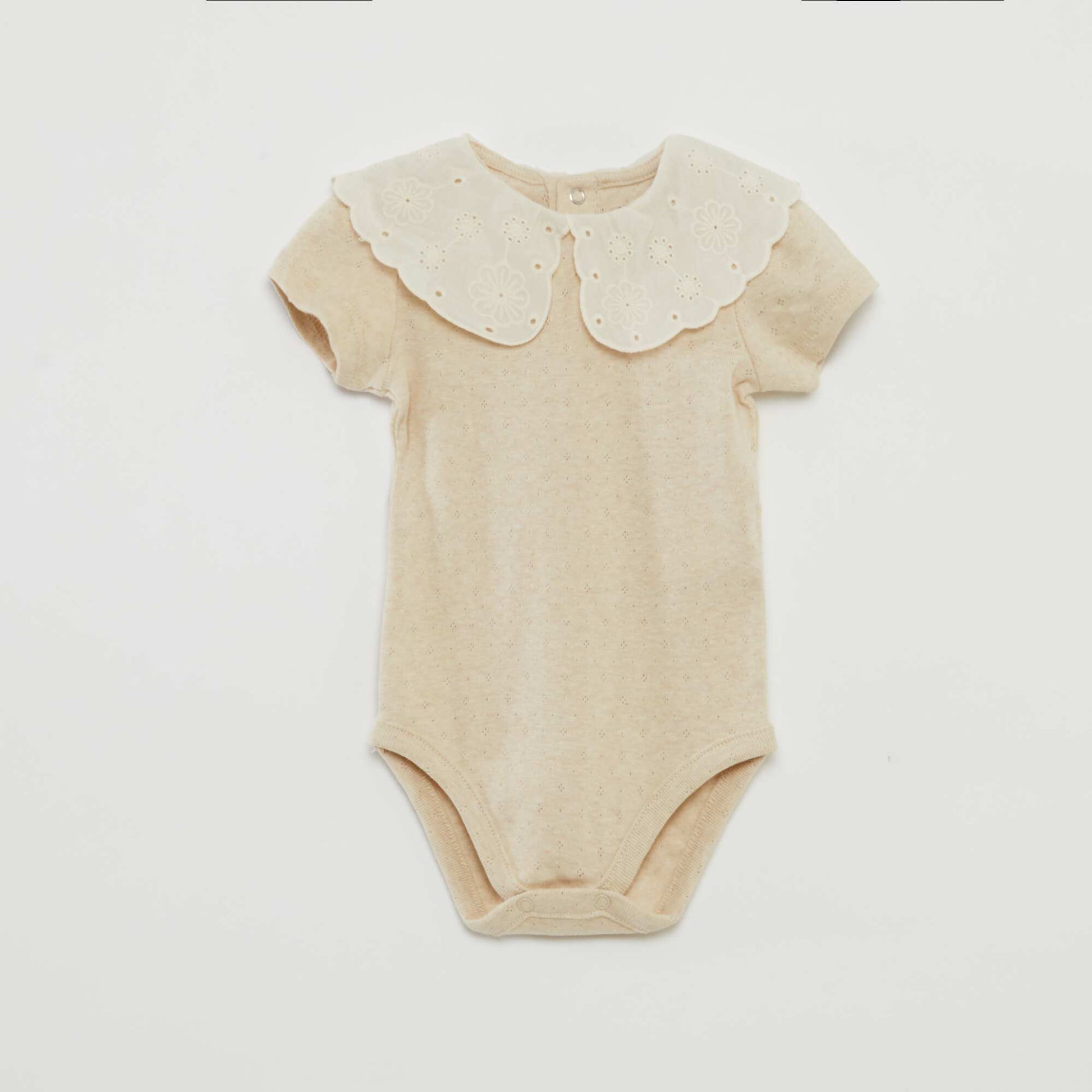 Short-sleeved bodysuit with broderie anglaise collar BEIGE