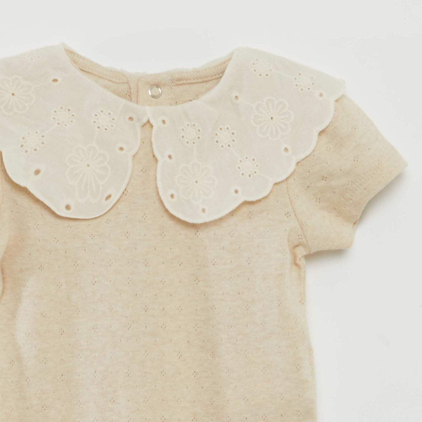 Short-sleeved bodysuit with broderie anglaise collar BEIGE