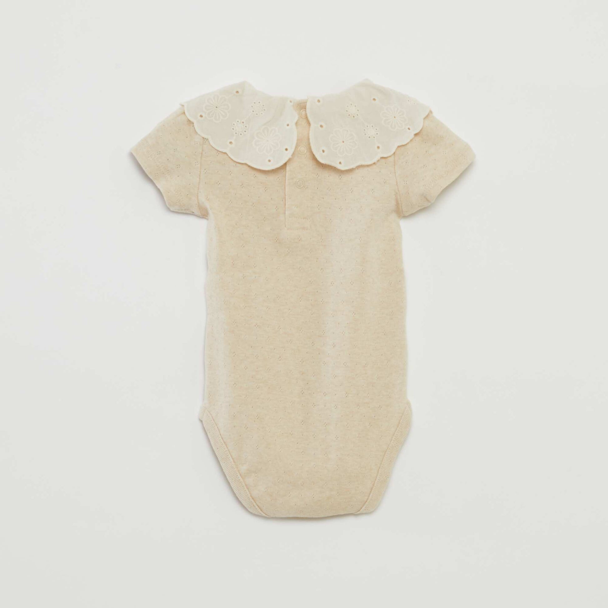 Short-sleeved bodysuit with broderie anglaise collar BEIGE