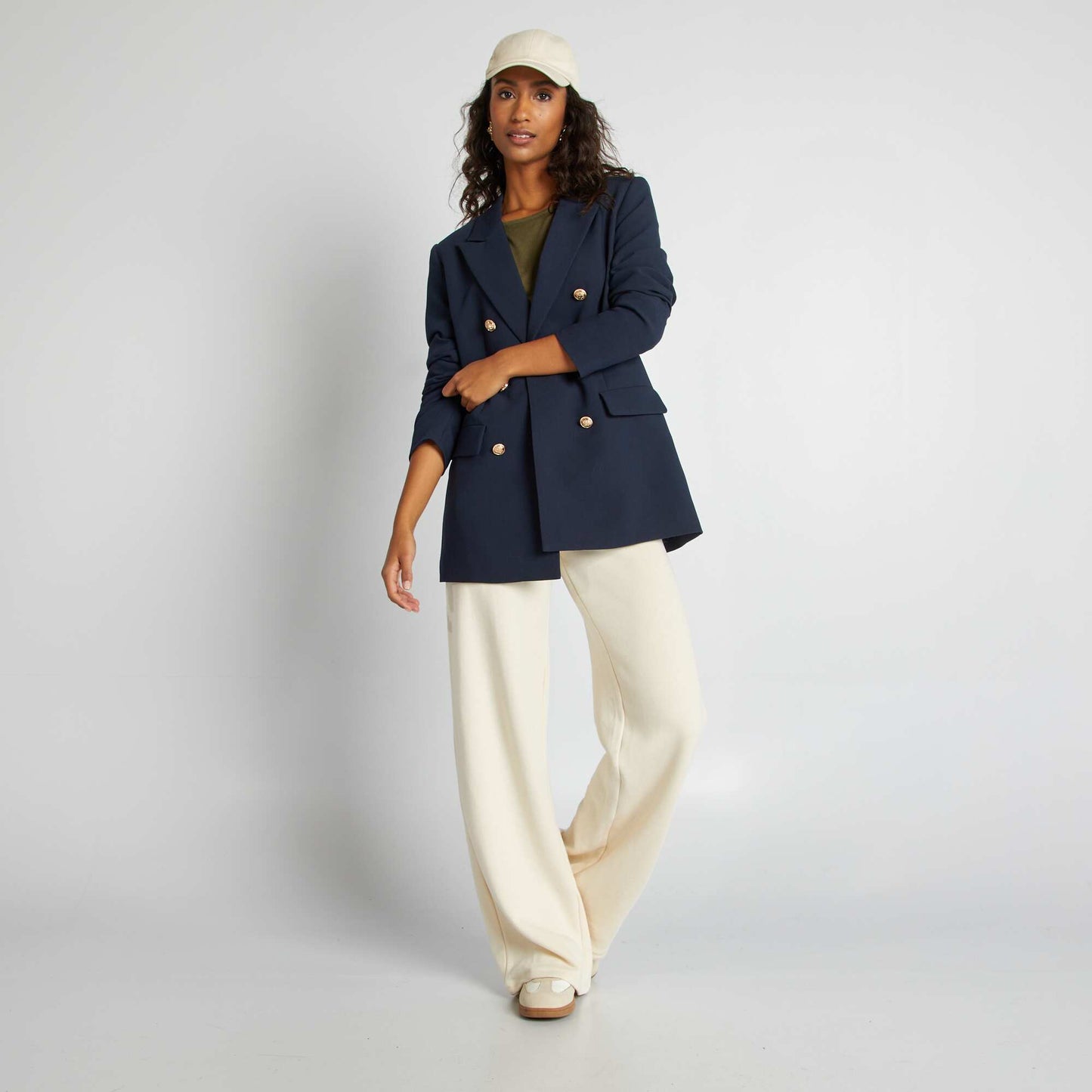 Mid-length tailored jacket with pretty golden buttons BLUE