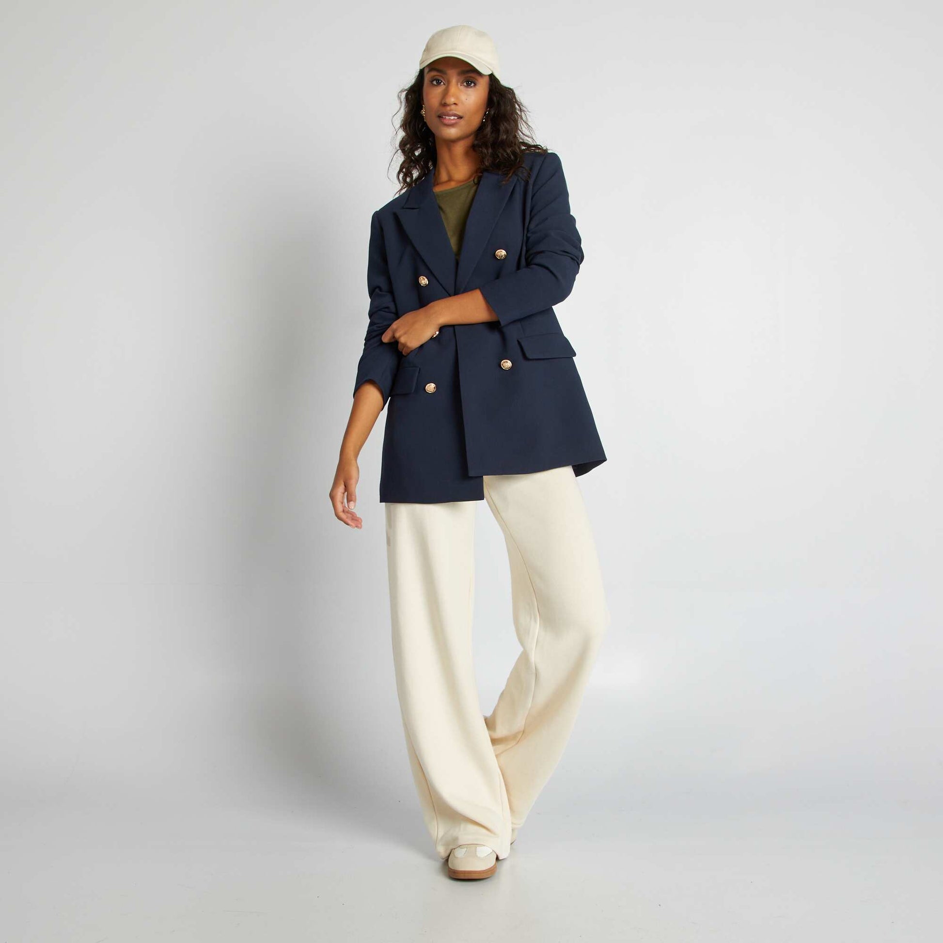 Mid-length tailored jacket with pretty golden buttons BLUE