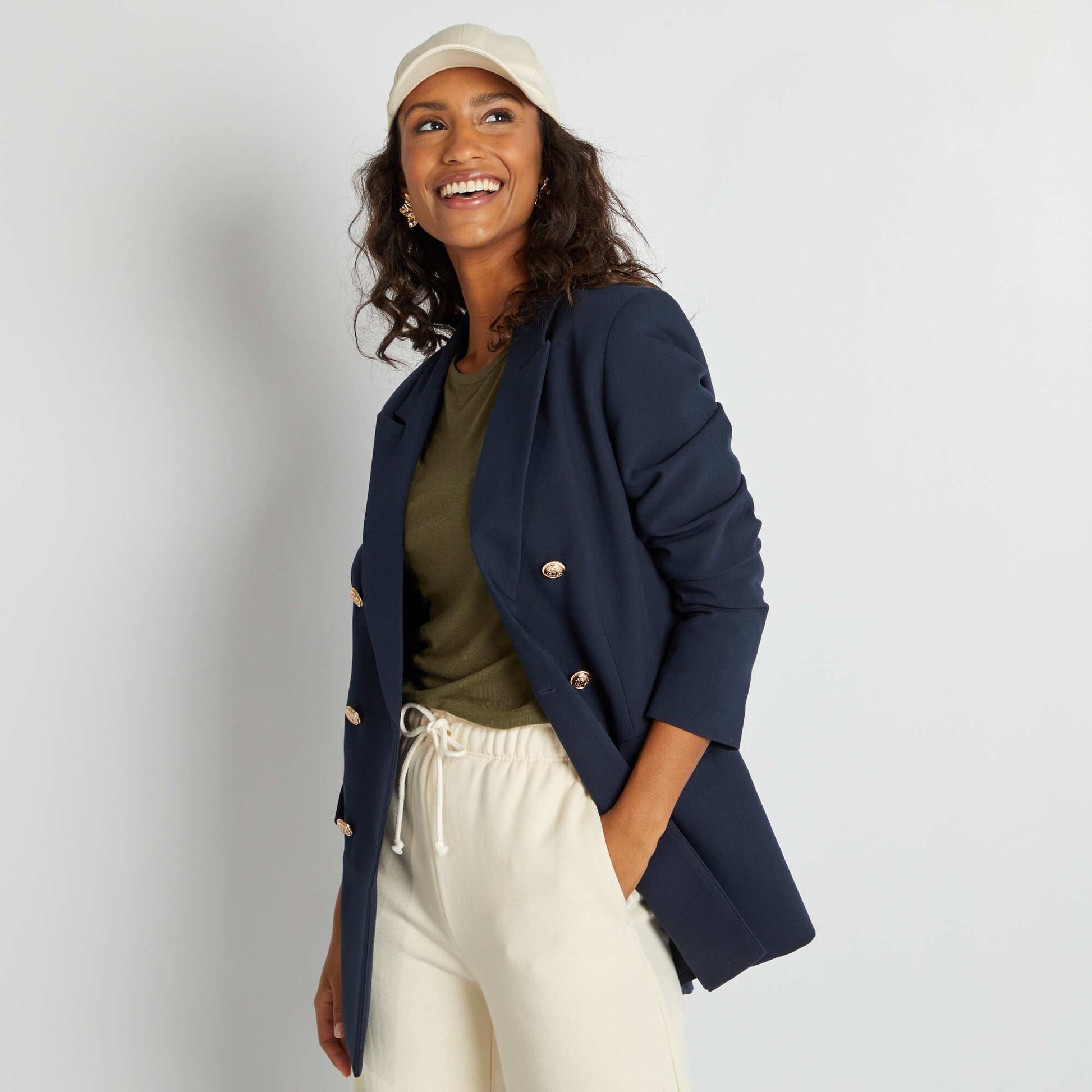 Mid-length tailored jacket with pretty golden buttons BLUE